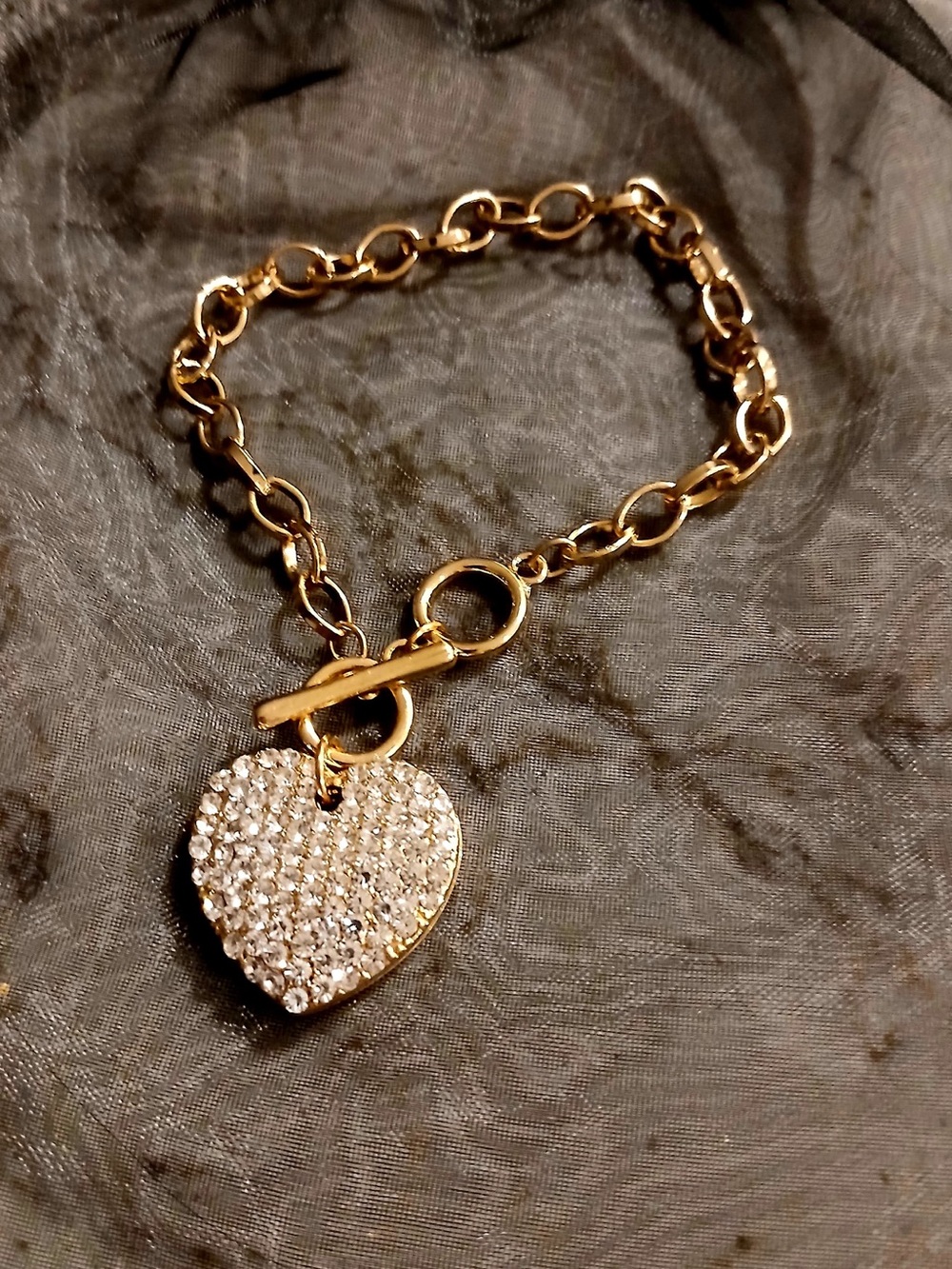 Gold Heart Charm Chain Bracelet with Crystal Pavé Accent